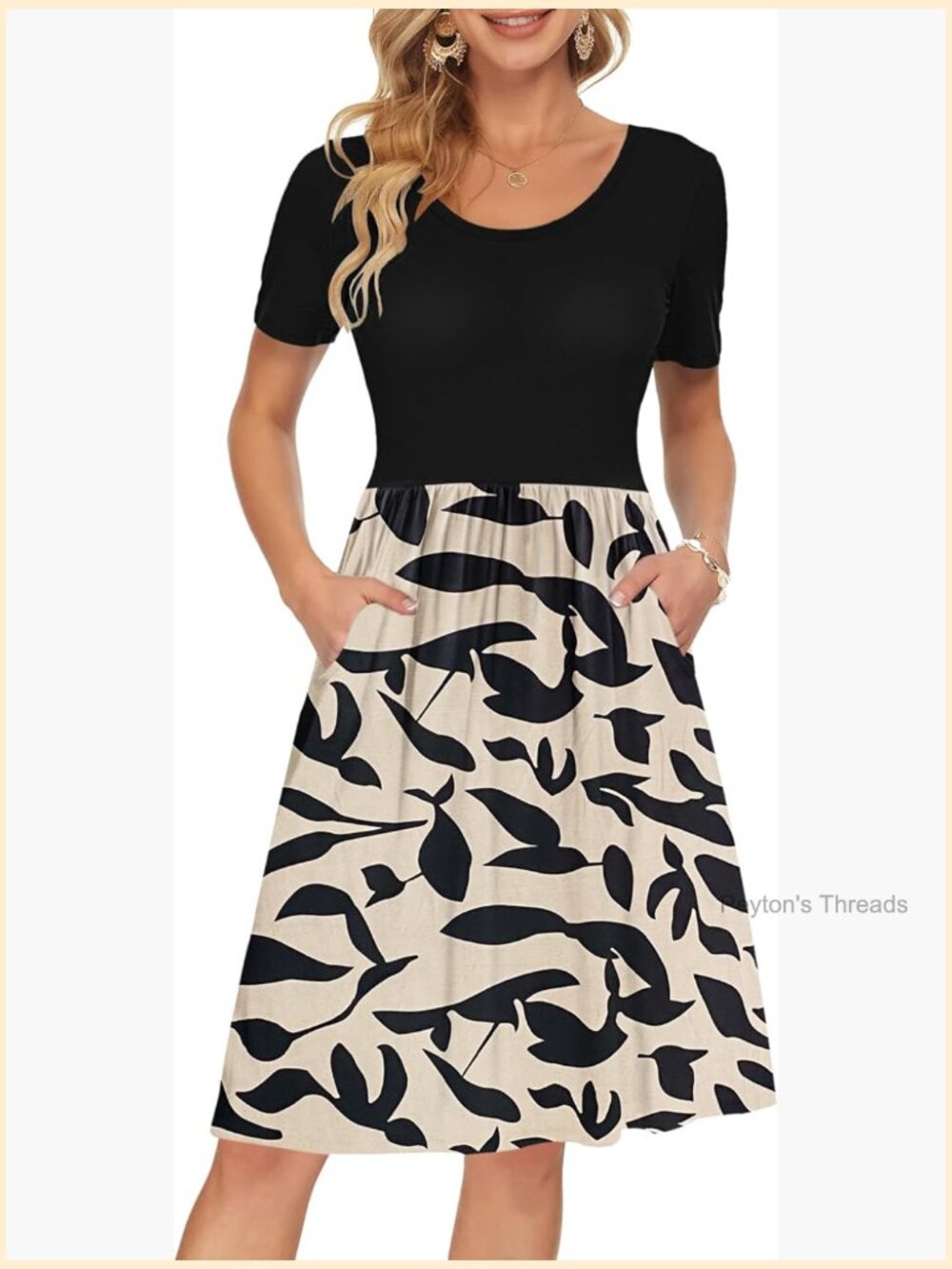 Short Sleeve Empire Waist Dress with Pockets Pleated Loose Swing Knee Length - Picture 1 of 6